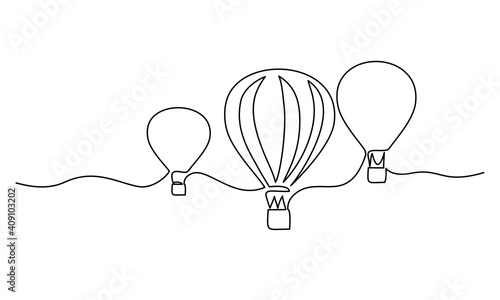 Hot air balloons flying in sky sign. Continuous one line drawing