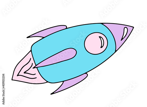 Rocket, doodle style shuttle. A space flight. Cosmonautics Day. Isolated element, object on a white background. Hand-drawn. Vector illustration for children.