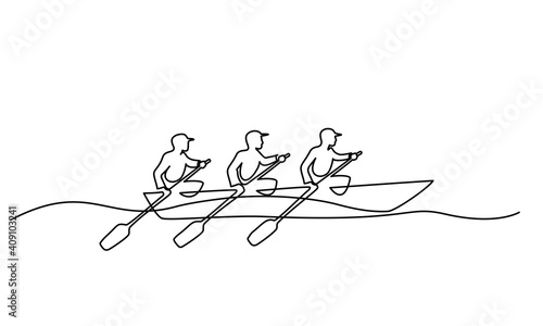 Team member rowing boat Teamwork concept. Continuous one line drawing