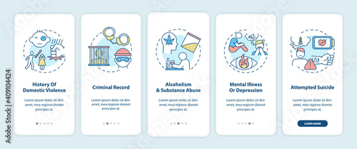 Personal history of violence onboarding mobile app page screen with concepts. Gun control guidelines walkthrough 5 steps graphic instructions. UI vector template with RGB color illustrations