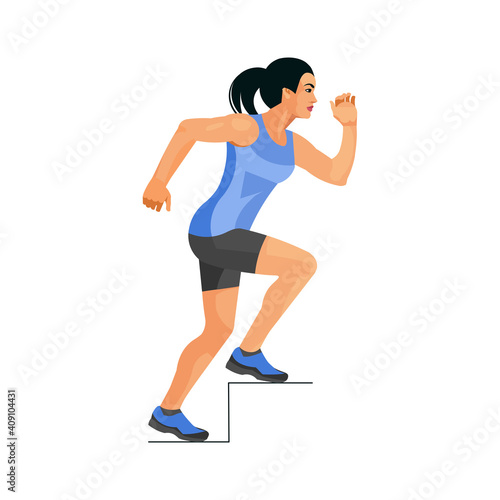 Figure in profile of an asian girl running upstairs
