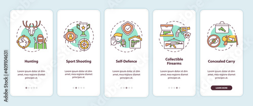 Guns for hobby onboarding mobile app page screen with concepts. Self defense. Weapon control walkthrough 5 steps graphic instructions. UI vector template with RGB color illustrations