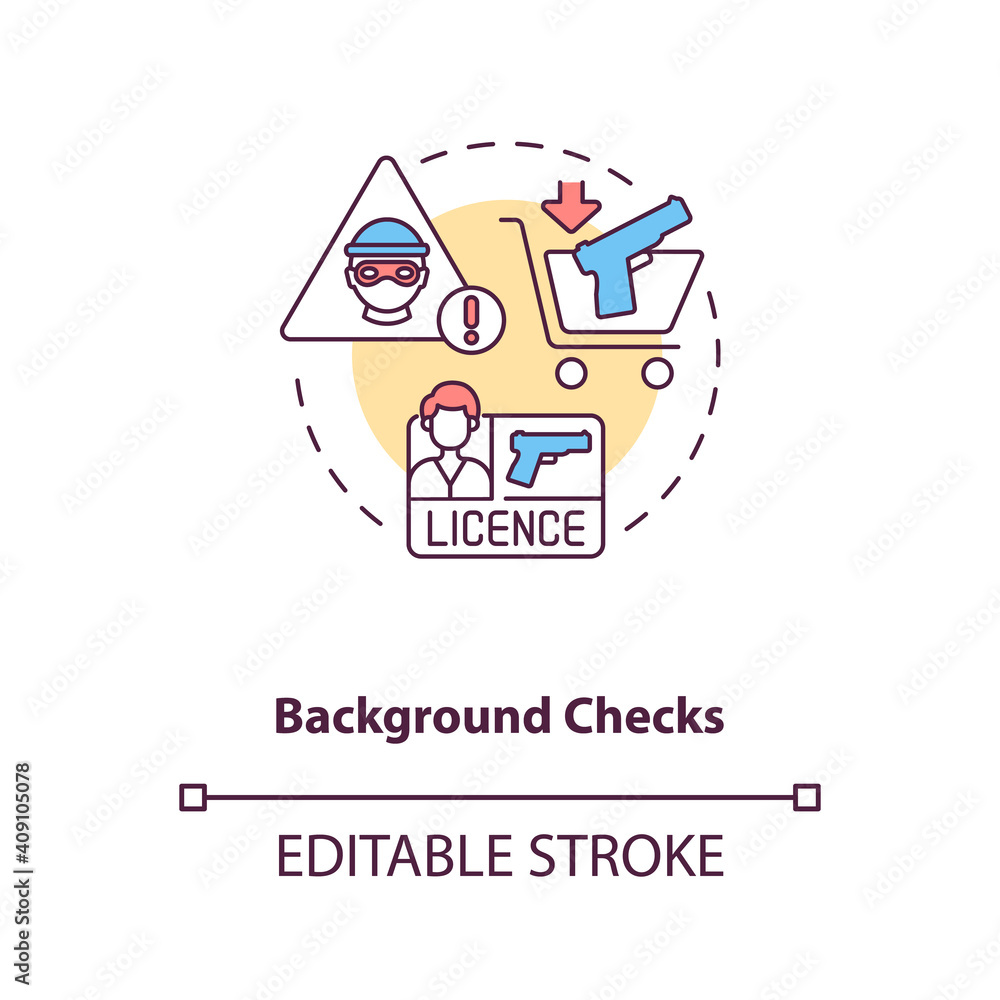 Background check concept icon. Criminal record. Personal history with crime. Firearm license. Gun control idea thin line illustration. Vector isolated outline RGB color drawing. Editable stroke