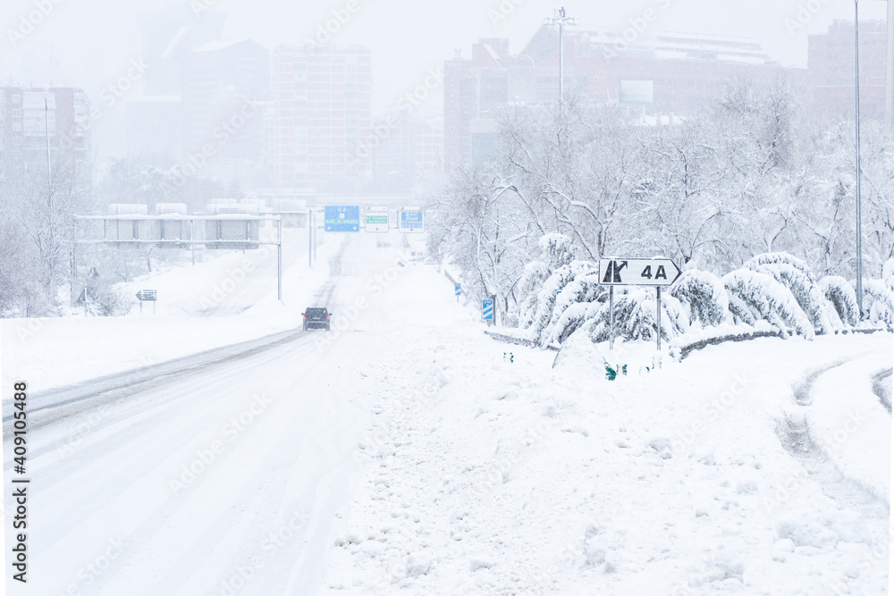 Madrid highways and roads covered with snow during the historical Snowtorm over Madrid city, Spain.