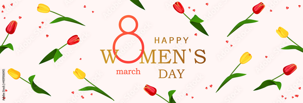 8 march. Happy Women's Day horizontal banner for the website with background of spring flowers tulips. Postcard on March 8. Vector illustration - obrazy, fototapety, plakaty 