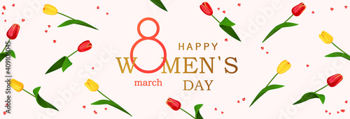 8 march. Happy Women's Day horizontal banner for the website with background of spring flowers tulips. Postcard on March 8. Vector illustration