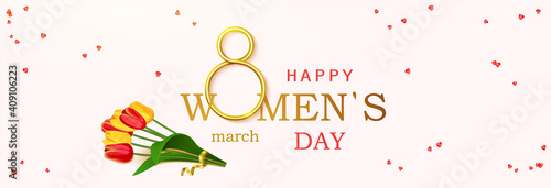 Happy Valentine's Day calligraphy text with bouquet tulips, strewn with confetti. Horizontal banner for the website