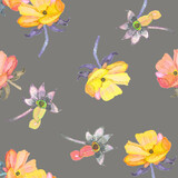 Watercolor hand painted nature floral plants seamless pattern with blooming roses and buds isolated on gray background