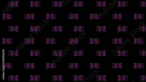 Neon glowing text of LOVE, flickering characters. Romantic and amour concept with purple light
