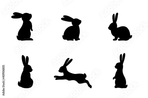Set of different bunnies silhouettes for design use. Silhouettes of rabbits isolated on a white background.