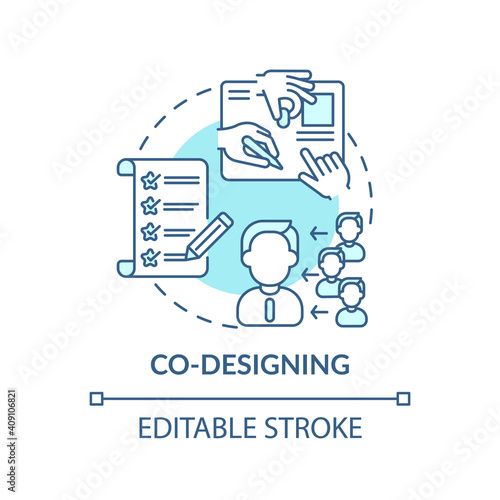 Co-designing concept icon. Co creation type idea thin line illustration. Intensive ideation and design session. Collaborative approach. Vector isolated outline RGB color drawing. Editable stroke