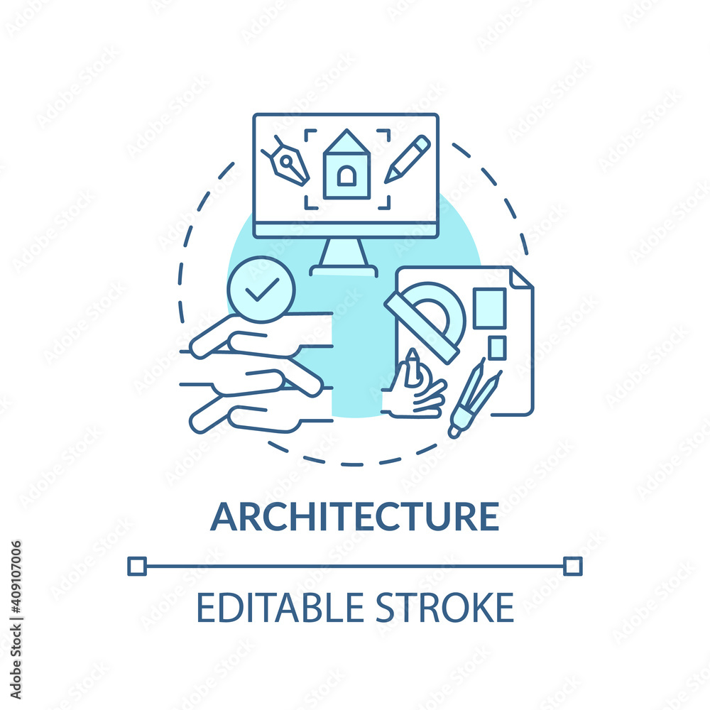 Architecture concept icon. Co-design application field idea thin line illustration. Creating form, space and ambience. Architectural works. Vector isolated outline RGB color drawing. Editable stroke