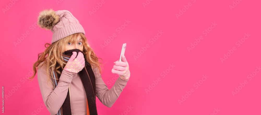 warm adult woman with mobile phone isolated