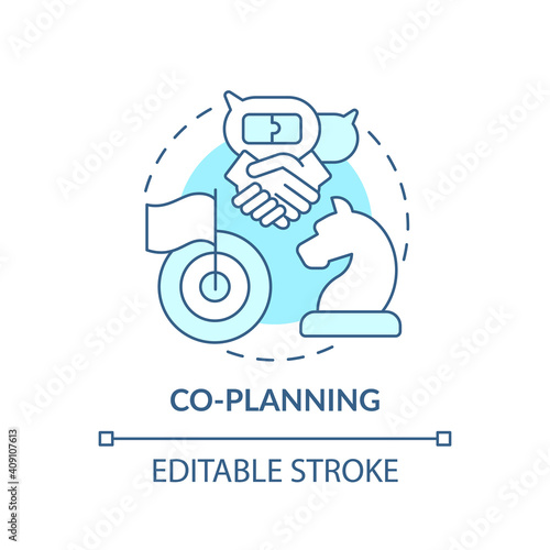 Co-planning concept icon. Co-production element idea thin line illustration. Participatory approach to design. Decision making processes. Vector isolated outline RGB color drawing. Editable stroke