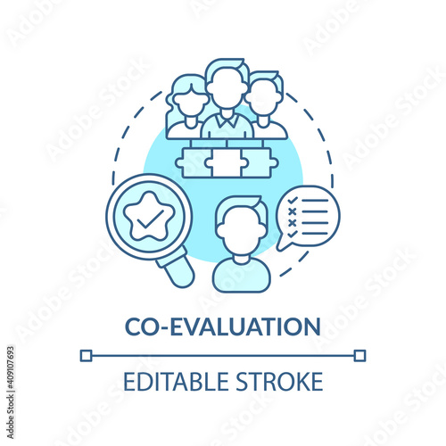 Co-evaluation concept icon. Co-production element idea thin line illustration. Improvement monitoring. Team organizational effectiveness. Vector isolated outline RGB color drawing. Editable stroke
