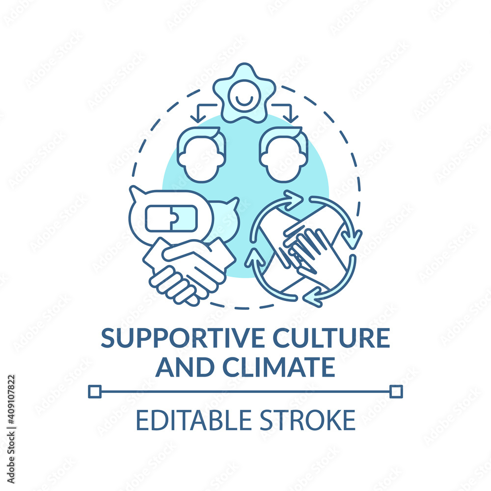 Supportive culture and climate concept icon. Co-design idea thin line illustration. Sharing learning, failure, success. Improving teamwork. Vector isolated outline RGB color drawing. Editable stroke Supportive culture and climate concept icon. Co-design idea thin line illustration. Sharing learning, failure, success. Improving teamwork. Vector isolated outline RGB color drawing. Editable stroke