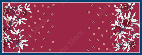 Silk scarf with pomegranate branch with fruits and flowers. Size 180x70. Card, bandana print, kerchief design, napkin, wedding invitation, birthday, fabric, healfy food, scrapbook. Ready for print