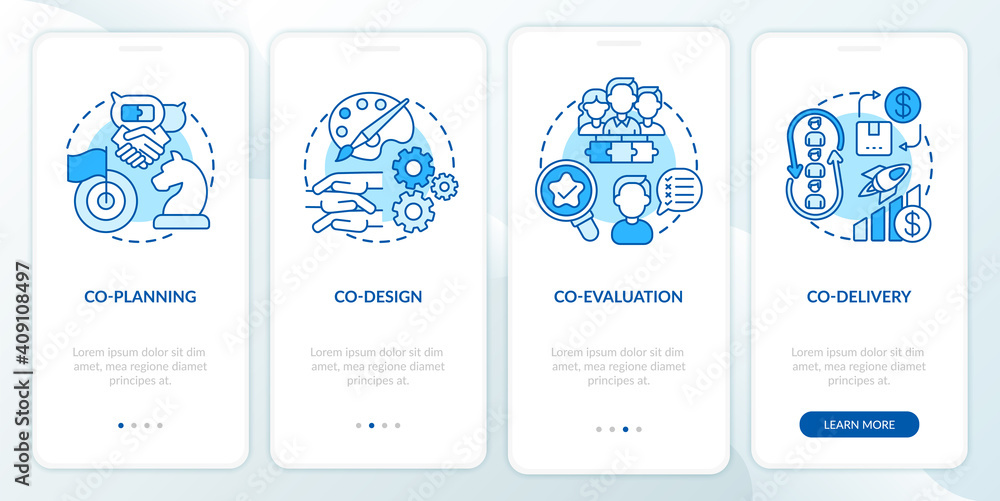 Co-production elements onboarding mobile app page screen with concepts. Co-planning, co-design, co-evaluation walkthrough 4 steps graphic instructions. UI vector template with RGB color illustrations