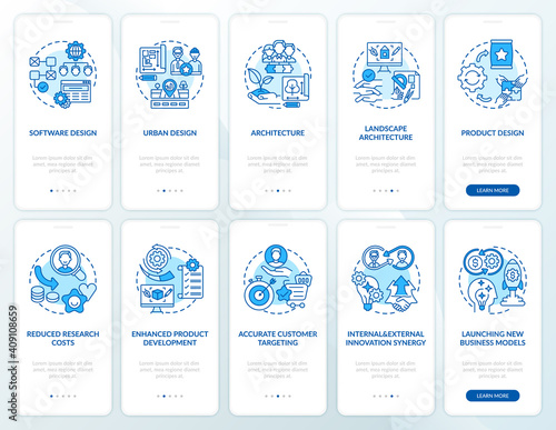 Collaborative development onboarding mobile app page screen with concepts set. Architecture, client targeting walkthrough 5 steps graphic instructions. UI vector template with RGB color illustrations