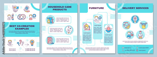 Best co creation examples brochure template. Coworking with clients. Flyer, booklet, leaflet print, cover design with linear icons. Vector layouts for magazines, annual reports, advertising posters