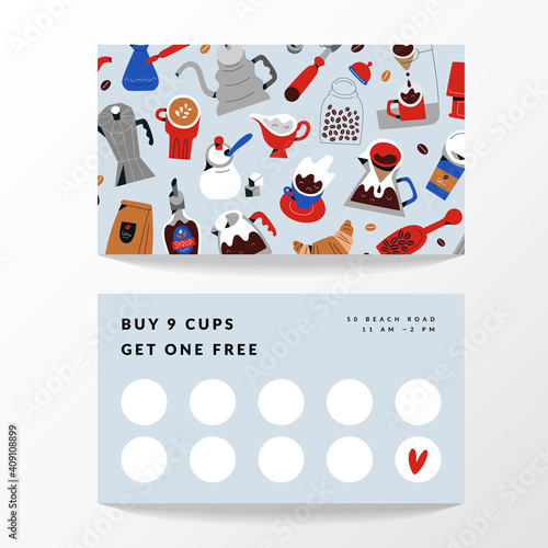 Coffee card template, vector layout for loyalty program. Minimalist design with modern illustrations of coffee cups and mugs.