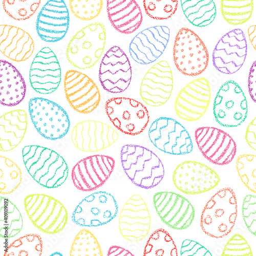 Chalk Easter eggs pattern. Crayon style Easter print. Children drawing eggs hand drawn wax crayons art on white. Color pastel crayons freehand drawn egg background. Fabric Easter texture.Chalk eggs.