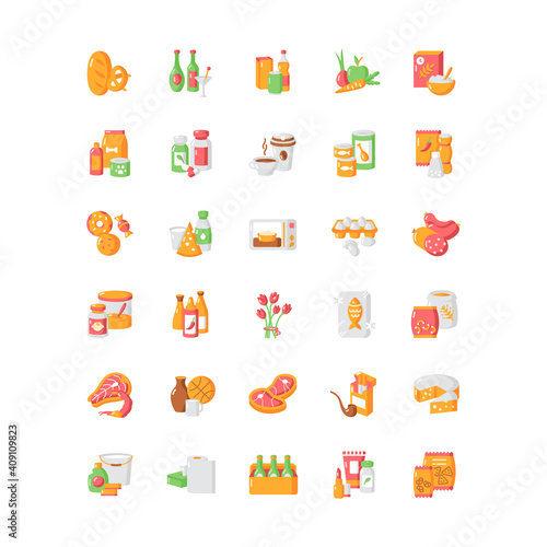Groceries category vector flat color icon set. Supermarket food. Drink products. Store supplies. Miscellaneous shop goods. Cartoon style clip art for mobile app pack. Isolated RGB illustration bundle