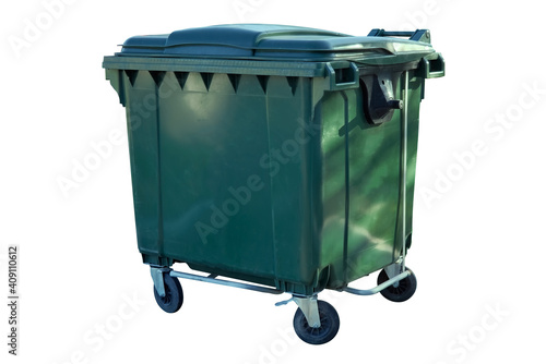 Green plastic trash recycling container isolate on a white background.