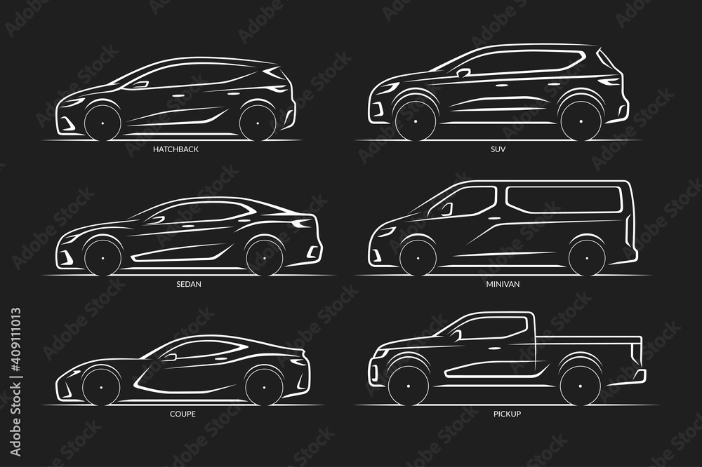 Set of vector car silhouettes. Side view of hatchback, sedan, coupe, SUV, minivan, pickup