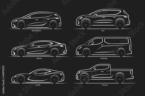 Set of vector car silhouettes. Side view of hatchback, sedan, coupe, SUV, minivan, pickup