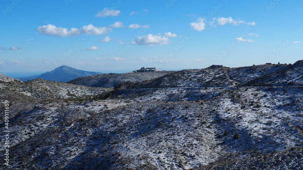 Scenic view from snowed Parnitha mountain, Attica, Greece