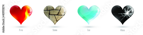 Collection of heart illustrations, love symbol icons set. Hearts of different textures - gloss, stone, ice, glass. Vector design. Isolated objects.
