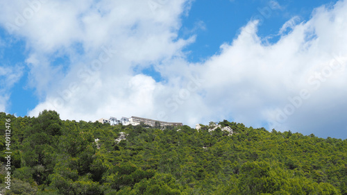 Beautiful mountain of Parnitha on a winter cloudy morning with clear blue sky, Attica, Greece