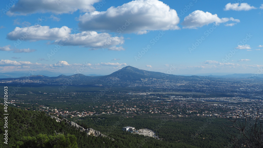 Breathtaking scenic view to Athens - Attica from top of Parnitha mountain, Greece