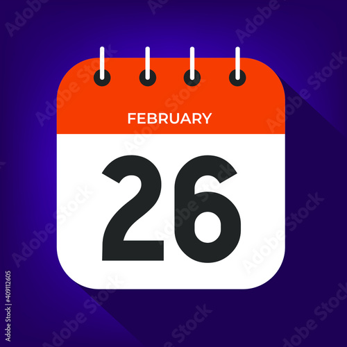 February day 26. Number twenty-six on a white paper with orange color border on purple background vector.