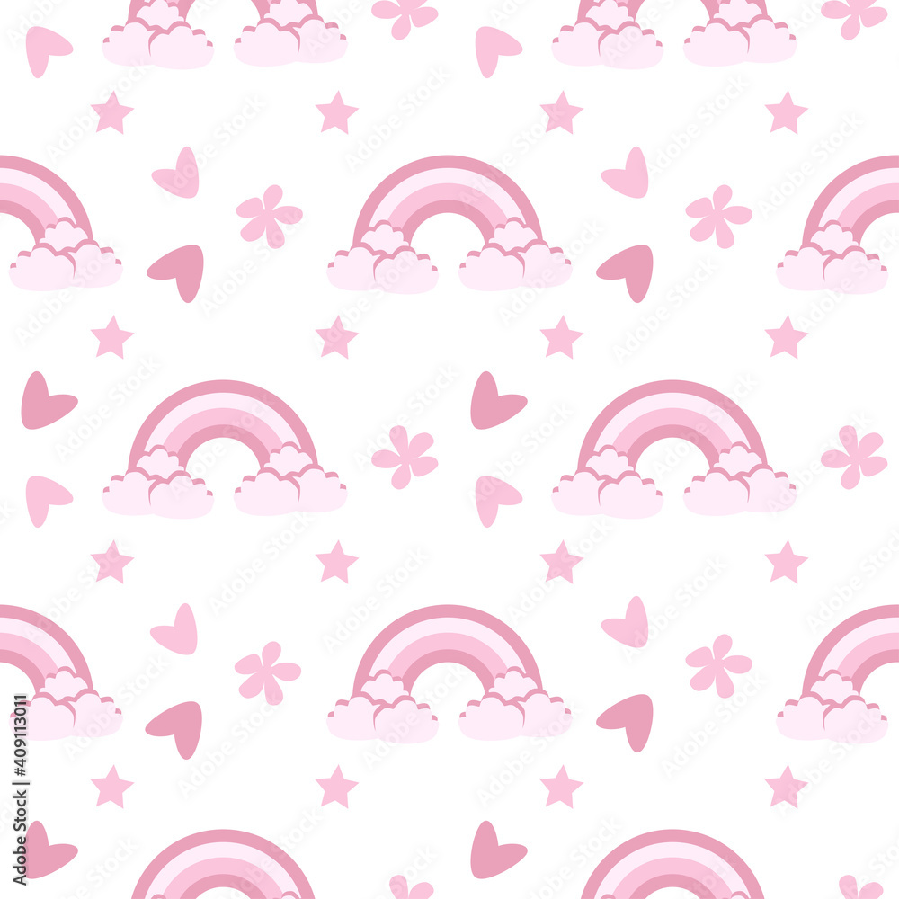 vector seamless pattern with rainbow and hearts in pink