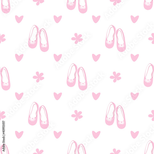 vector seamless pattern with ballet shoes and hearts in pink