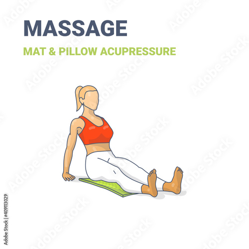 Female Siting on an acupressure mat. Concept of a woman relaxing at home on a massage mat pracicing yoga.