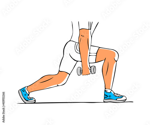 Vector drawn doodle illustration with isolated legs of man engaged in physical, strength exercises with dumbbells. Concept sports shoes.