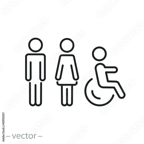 toilet signage icon, wc or bathroom for various gender, signs of men women and wheelchair for restroom, thin line symbol on white background - editable stroke vector illustration eps10 