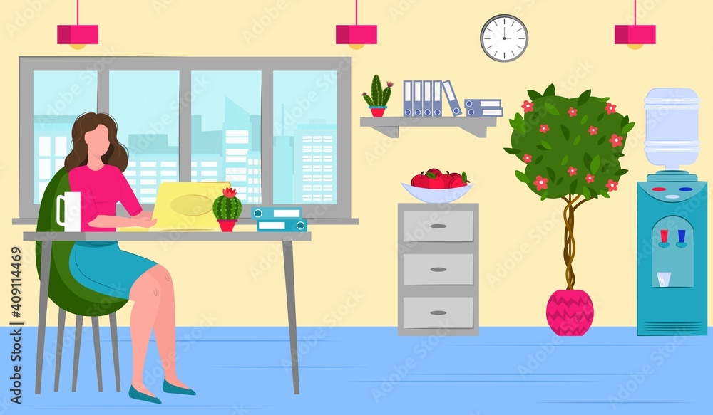 office work concept design. woman working on laptop in the office. Vector illustration. office room design. office work concept design. woman working on laptop in the office. Vector illustration. office room design.