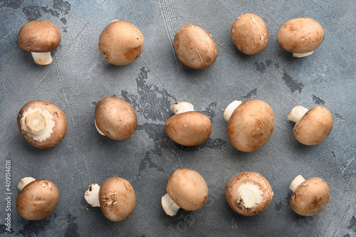 Royal mushrooms champignon whole, on gray background, top view flat lay