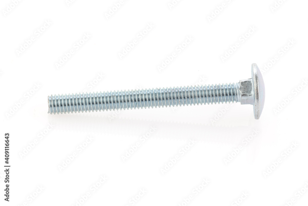 A screw with a smooth head and a square section underneath, isolated on a white background. Close-up. A screw with a smooth head and a square section underneath, isolated on a white background. Close-up.