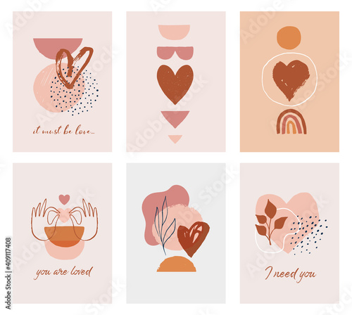 Bohemian, Boho Valentines day illustrations, hand drawn artwork in terracotta, earthy colours, heart and love concept design