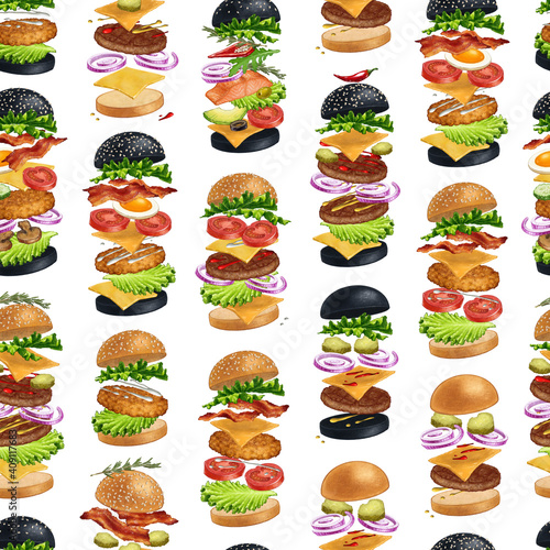 Delicious Burgers seamless pattern for menu design. Illustration of fast food hamburgers on white background