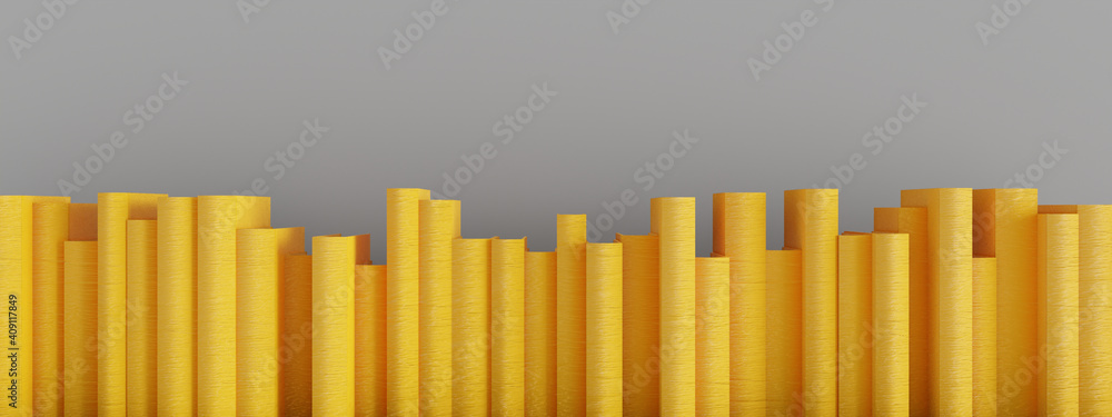 yellow books stacked vertically on gray wall with text space. 3d render yellow books stacked vertically on gray wall with text space. 3d render