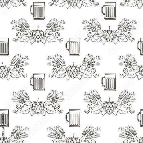 seamless pattern of hop with beer glass for brewing on white background