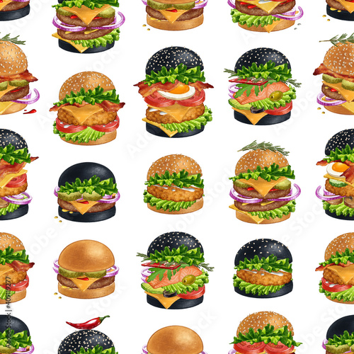 Delicious american Burgers seamless pattern for menu design. Illustration of fast food hamburgers on white background