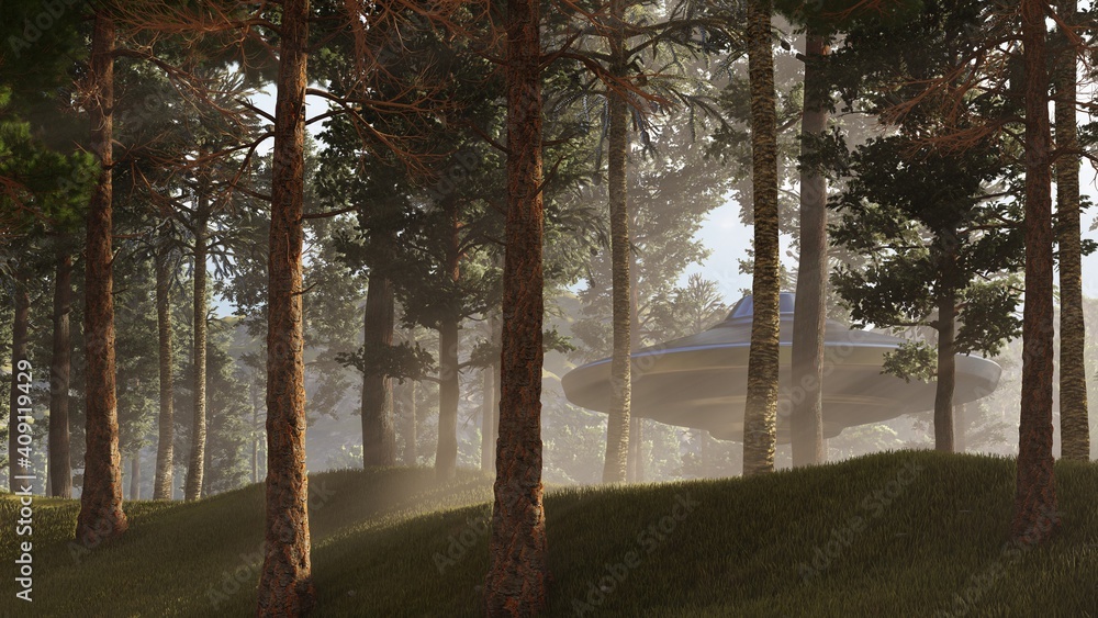 3d illustration. Contact with UFO in the forest 3d illustration. Contact with UFO in the forest