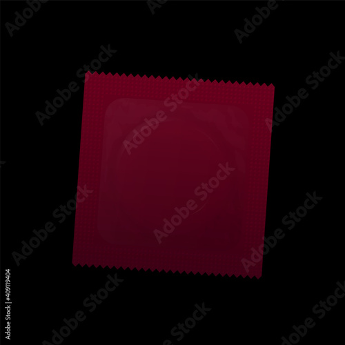 Red condom, unlabeled, blank, packed in a square format plastic. Isolated vector illustration on black background. 
